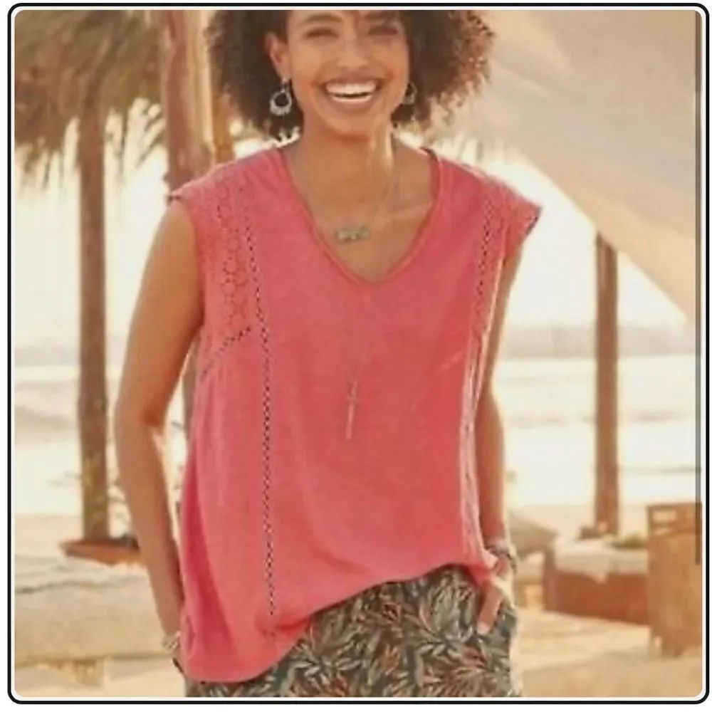 Sundance Dinah Coral Eyelet V-neck Sleeveless Cotton Top Size S